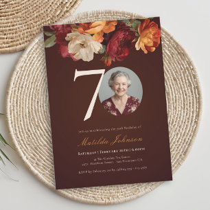 Romantic Burgundy Floral Photo 70th Birthday Invitation