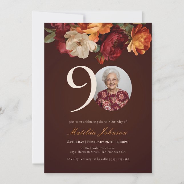 Romantic Burgundy Floral Photo 90th Birthday Invitation (Front)