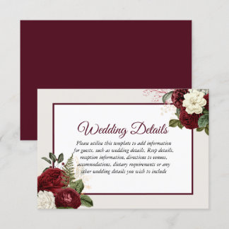 Romantic Burgundy Floral Wedding Reception Details Invitation