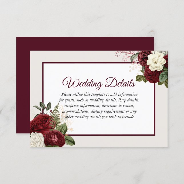 Romantic Burgundy Floral Wedding Reception Details Invitation (Front/Back)