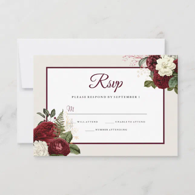 Romantic Burgundy Floral Wedding RSVP Card | Zazzle