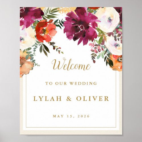 Romantic Burgundy Floral Wedding Welcome  Poster