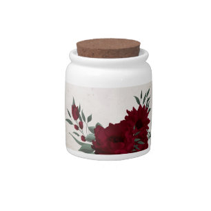 romantic burgundy flowers and green leaves candy jar