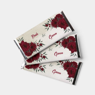 romantic burgundy flowers and green leaves wedding hershey bar favors