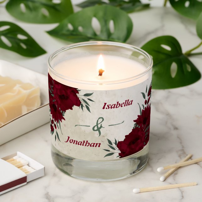 romantic burgundy flowers and green leaves wedding scented candle (Lit)