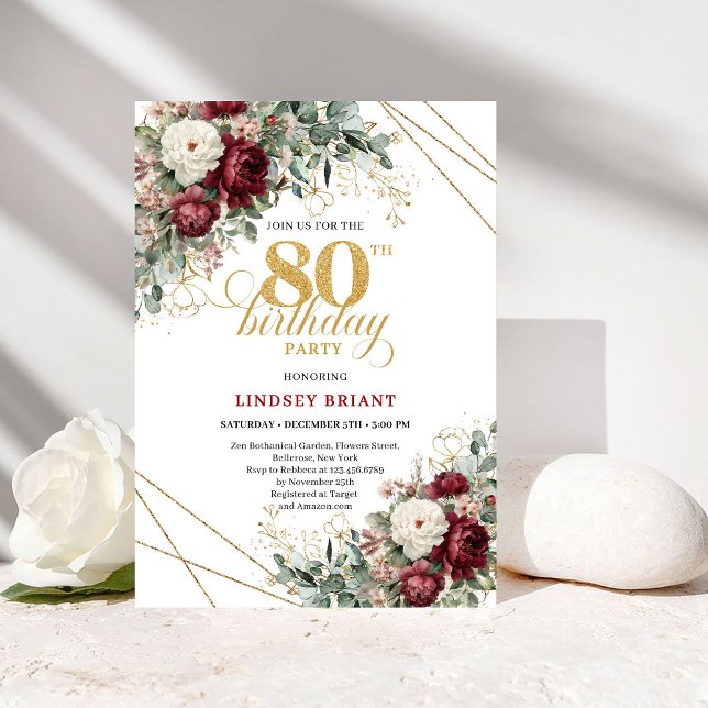 Romantic Burgundy Flowers Greenery Gold 80th Birth Invitation (Romantic Burgundy Flowers Greenery Gold 80th Birthday Card

)