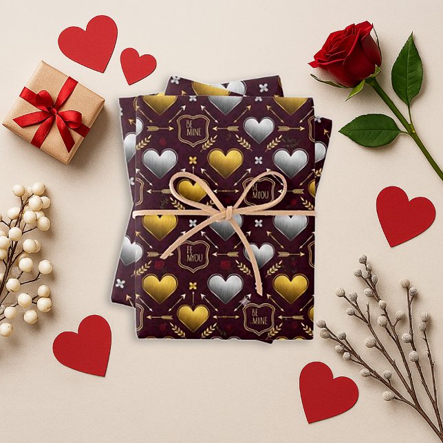 Romantic Burgundy Foil Heart Valentine Wrapping Paper Sheets (Creator Uploaded)