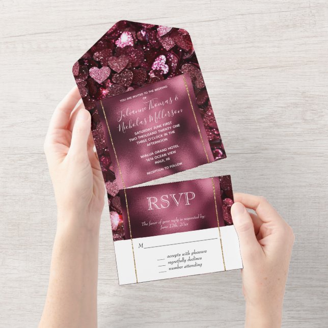 Romantic Burgundy Glitzy Hearts Wedding All In One Invitation (Tearaway)