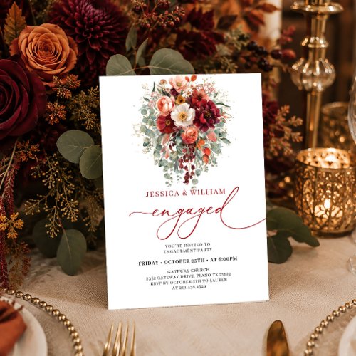 Romantic Burgundy Gold Eucalyptus Fall engagement Invitation