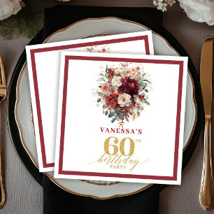 Romantic Burgundy Gold Fall Floral 60th Birthday Napkins
