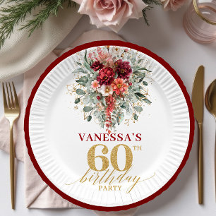 Romantic Burgundy Gold Fall Floral 60th Birthday P Paper Plates