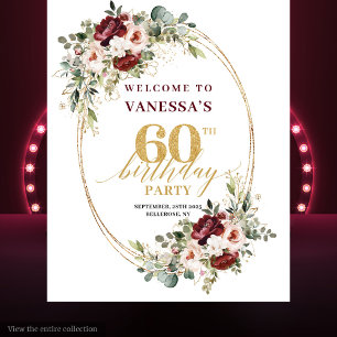 Romantic Burgundy Gold Floral 60th Birthday Banner Tapestry