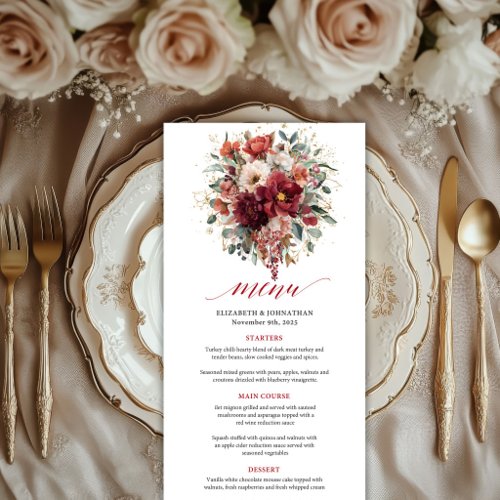 Romantic Burgundy Gold Floral Deep Red Boho weddin Menu