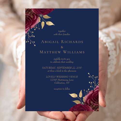 Romantic Burgundy Gold Floral Navy Blue Wedding Invitation