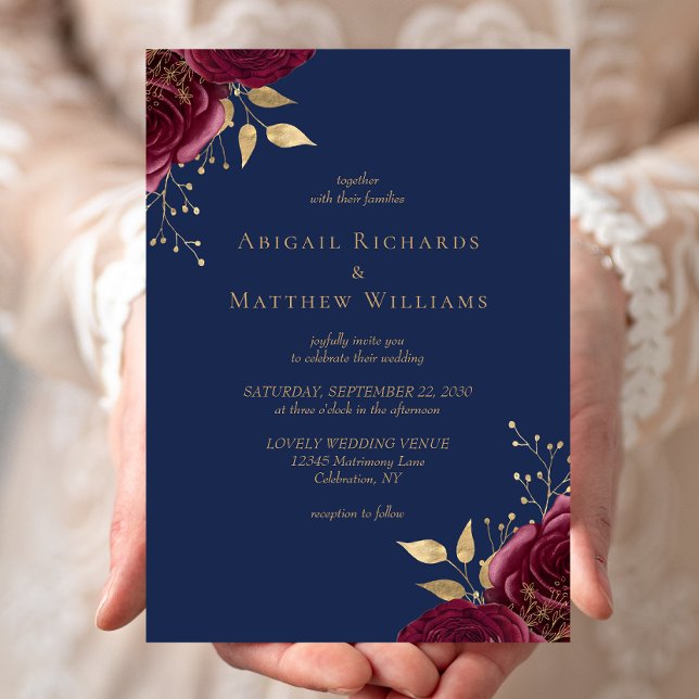 Romantic Burgundy Gold Floral Navy Blue Wedding Invitation (Creator Uploaded)
