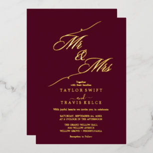Romantic Burgundy & Gold Foil "Mr. & Mrs." Wedding Invitation