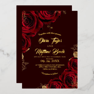 Romantic Burgundy Gold Foil Roses Wedding Invitation