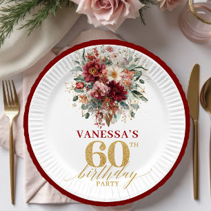 Romantic Burgundy Gold Greenery 60th Birthday Pape Paper Plates