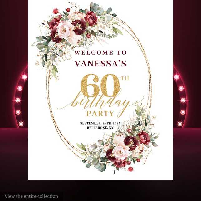 Romantic Burgundy Gold Greenery 60th Birthday Prop Tapestry (Romantic Burgundy Gold Greenery 60th Birthday Backdrop)