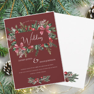 Romantic Burgundy Green Winter Christmas Wedding Invitation