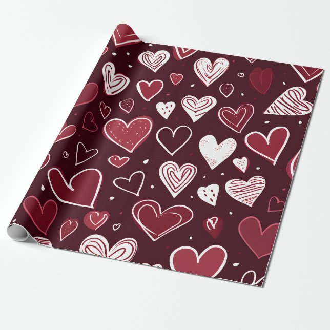 Romantic Burgundy Hand-Drawn Hearts Valentine Wrapping Paper (Unrolled)