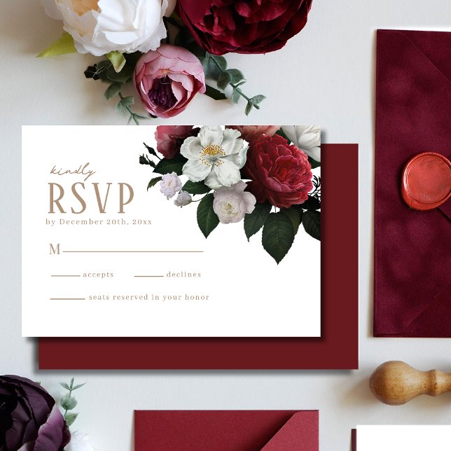 Romantic Burgundy Maroon floral Winter Wedding  RSVP Card (Creator Uploaded)