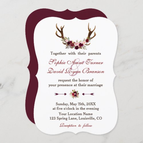 Romantic Burgundy Marsala Floral Antlers Wedding Invitation