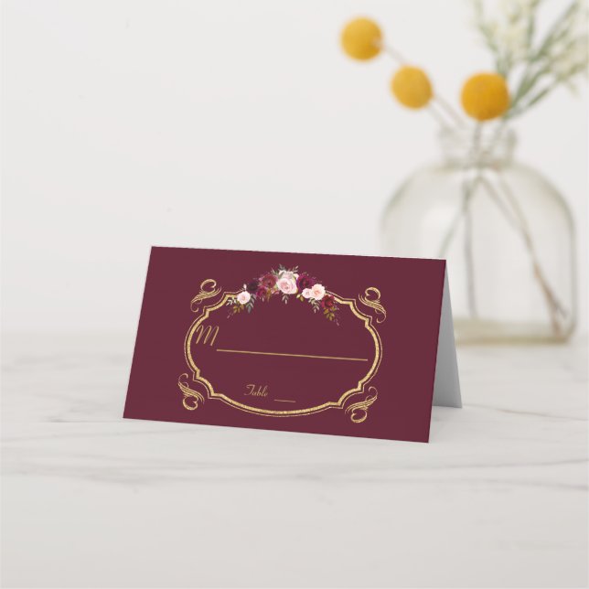 Romantic Burgundy Marsala Floral Fall Table Number Place Card (Front)