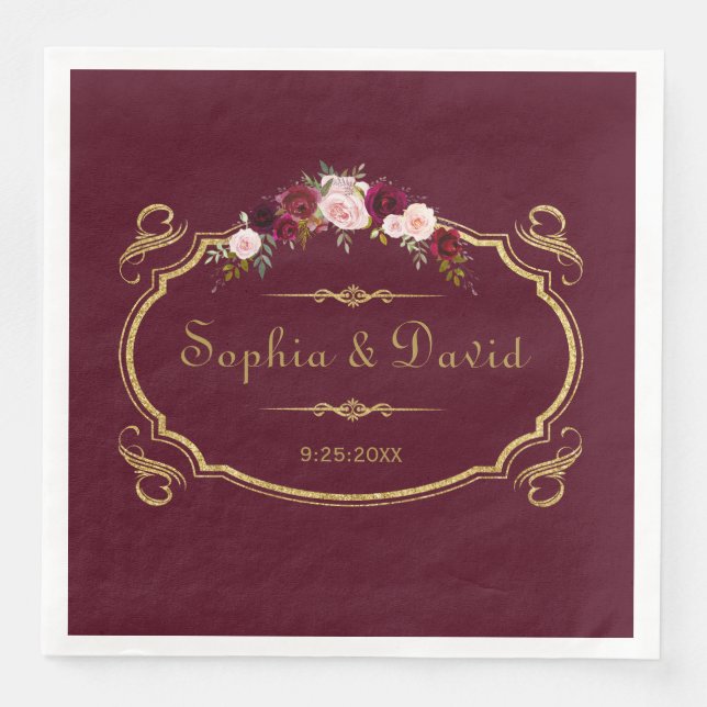 Romantic Burgundy Marsala Floral Fall Wedding Paper Dinner Napkins (Front)