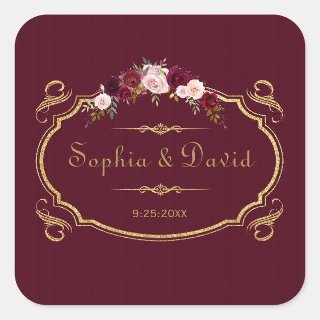 Romantic Burgundy Marsala Floral Fall Wedding Square Sticker (Front)