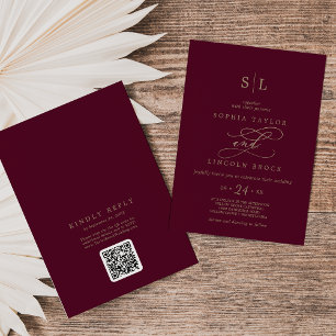 Romantic Burgundy Monogram QR Code Back Wedding Invitation