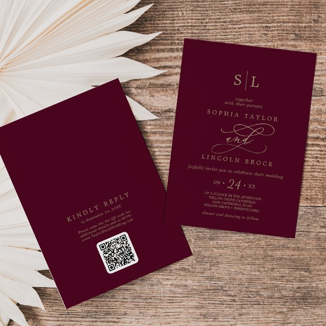Romantic Burgundy Monogram QR Code Back Wedding Invitation (Creator Uploaded)