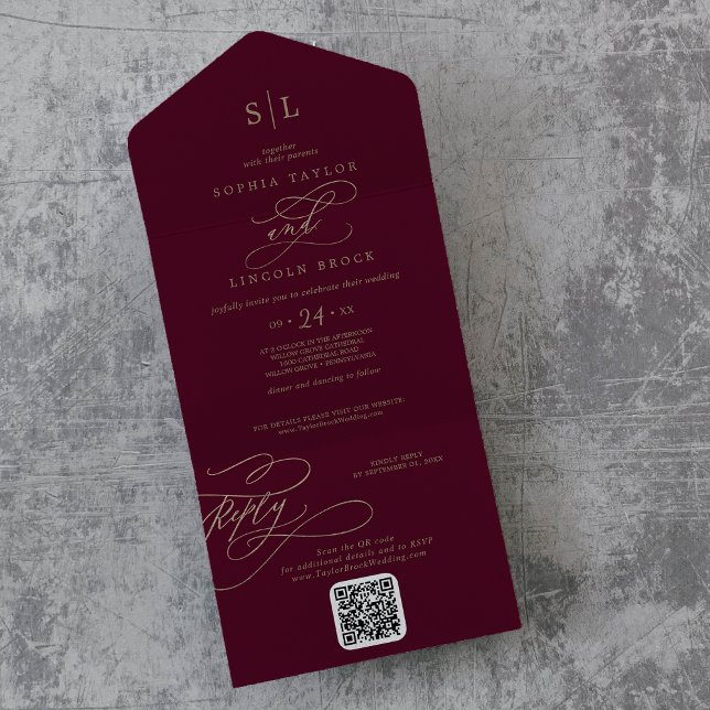 Romantic Burgundy Monogram QR Code Wedding All In One Invitation (Creator Uploaded)