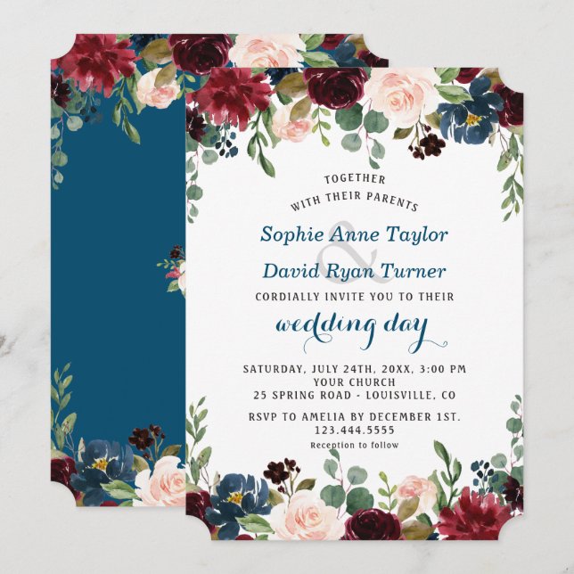 Romantic Burgundy Navy Blue Blush Floral Wedding Invitation (Front/Back)
