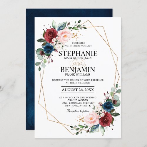 Romantic Burgundy Navy Blue Floral Geometric Invitation