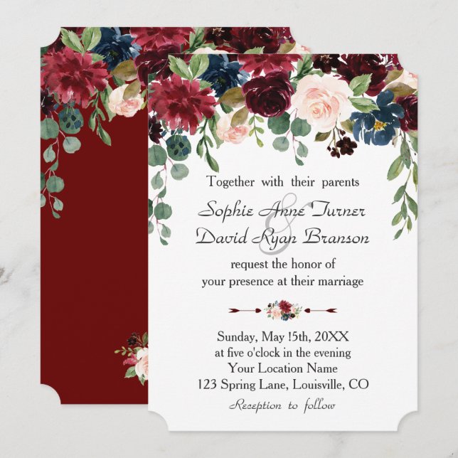 Romantic Burgundy Navy Blue Floral Wedding Invitation (Front/Back)