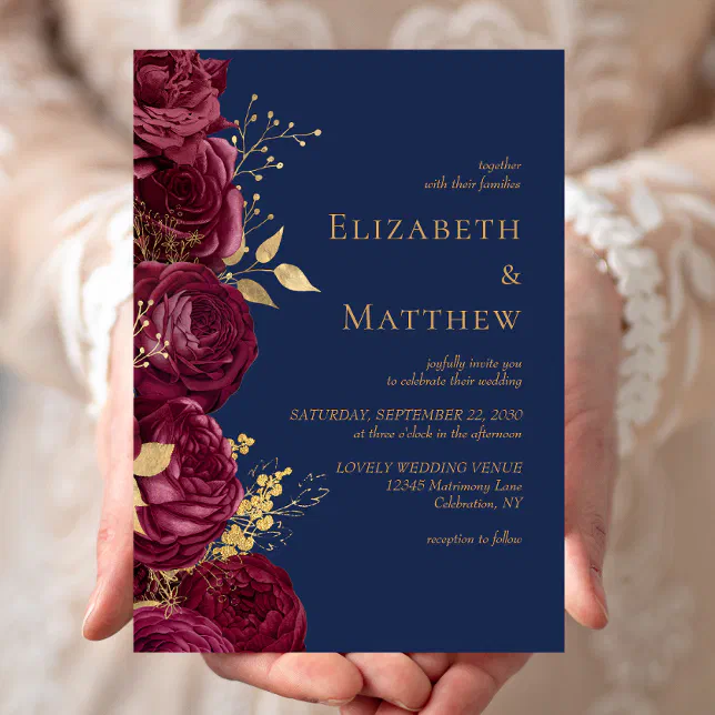 Romantic Burgundy Navy Blue Gold Floral Wedding Invitation | Zazzle