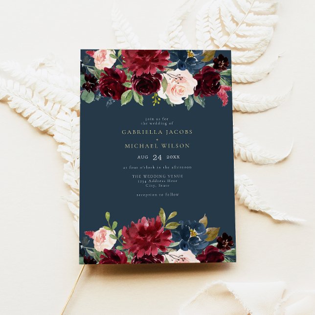 Romantic Burgundy Navy Blush Floral Garden Wedding Invitation (Creator Uploaded)