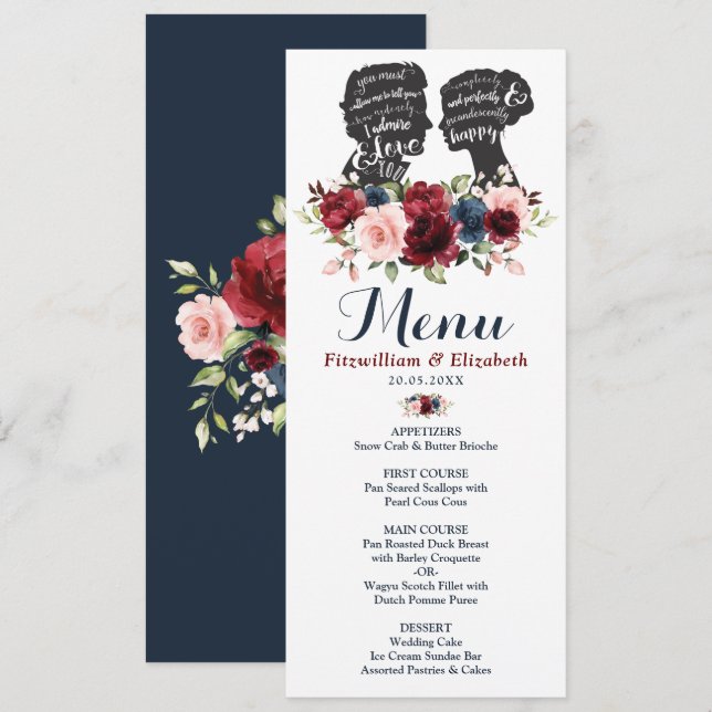 Romantic Burgundy Navy Floral Silhouette Menu Card (Front/Back)