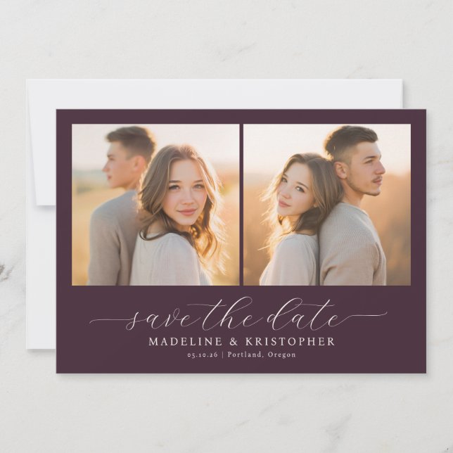 Romantic Burgundy Photo Collage Save The Date (Front)
