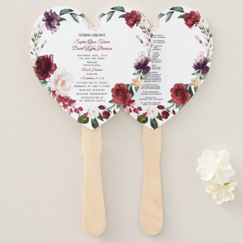 Romantic Burgundy Pink Floral Wedding Program Hand Fan