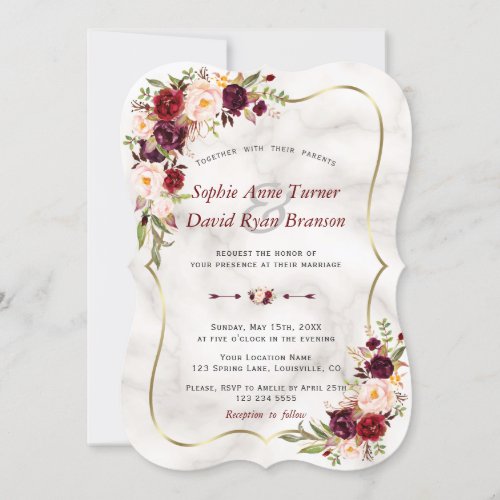 Romantic Burgundy Pink Flowers Marble Wedding Invitation