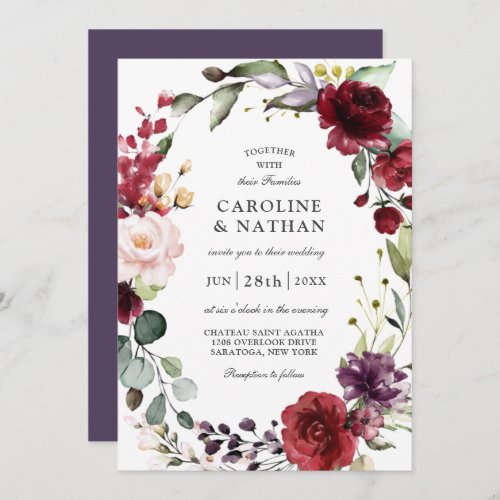 Romantic Burgundy Plum and Blush Floral Wedding In Invitation