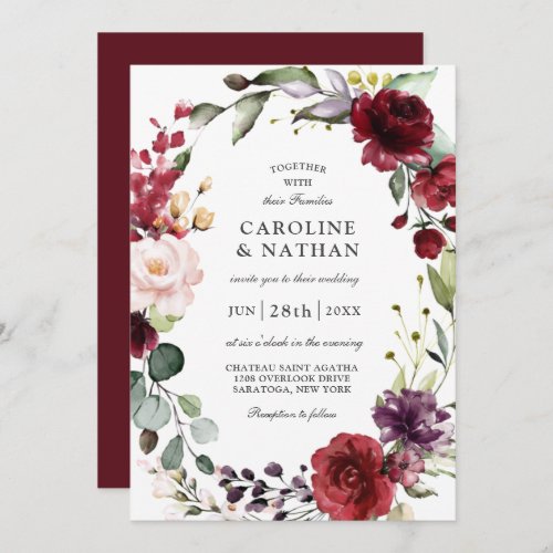 Romantic Burgundy Plum and Blush Floral Wedding Invitation