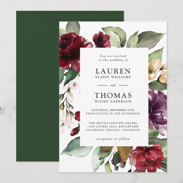 Romantic Burgundy Plum and Green Floral Wedding Invitation (Front/Back)