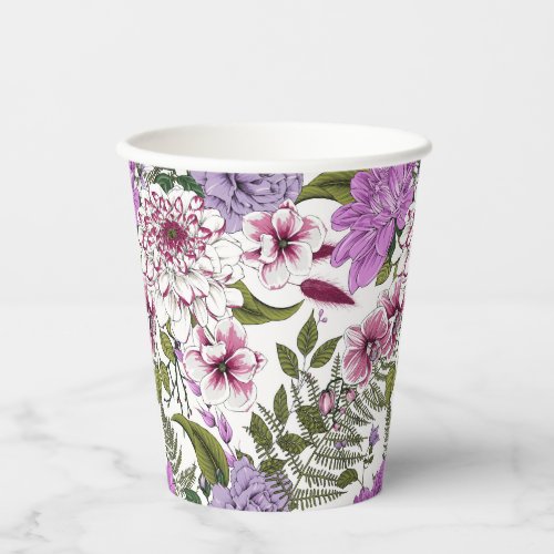 Romantic burgundy purple florals ferns greenery paper cups