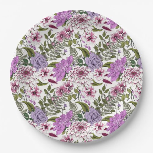 Romantic burgundy purple florals ferns greenery paper plates