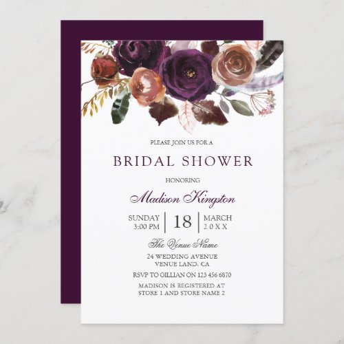 Romantic Burgundy Purple Plum Floral Bridal Shower Invitation