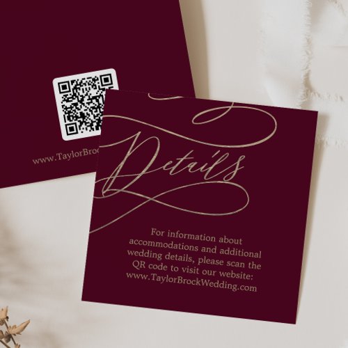 Romantic Burgundy QR Code Wedding Details Enclosure Card
