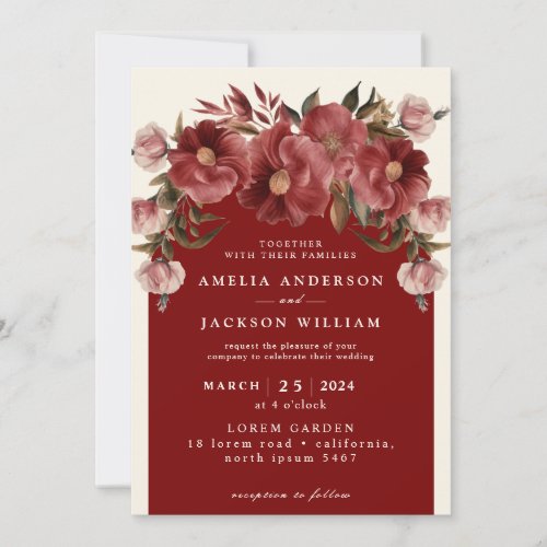 Romantic Burgundy red and blush pink Wedding Invitation